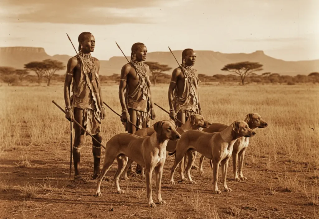 Historical Rhodesian Ridgeback with Khoikhoi hunters in African landscape