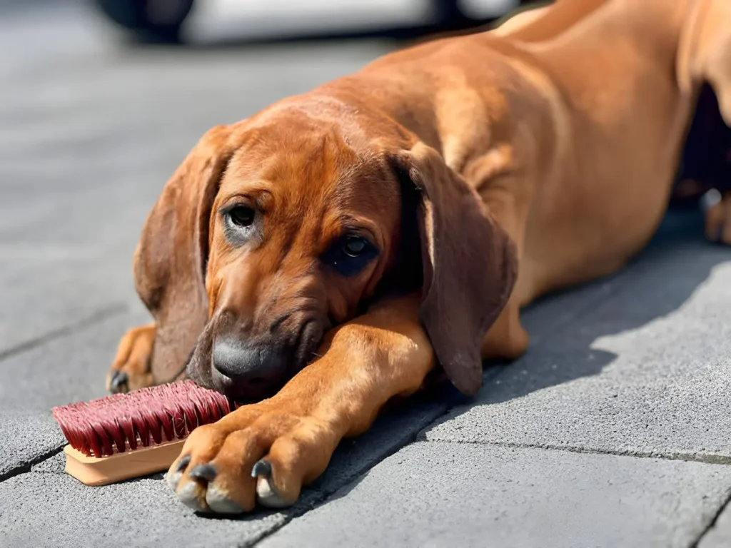 Rhodesian Ridgeback short sleek coat being brushed with bristle brush