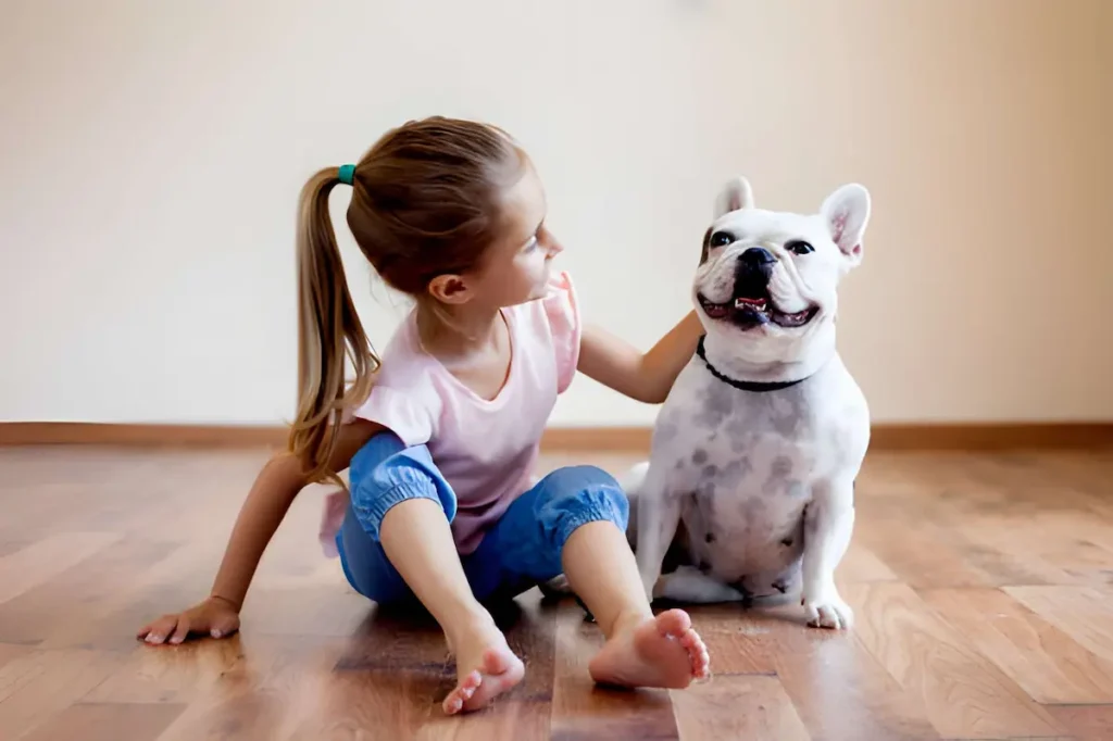 Friendly French Bulldog playing with children showing excellent family pet temperament and sociability